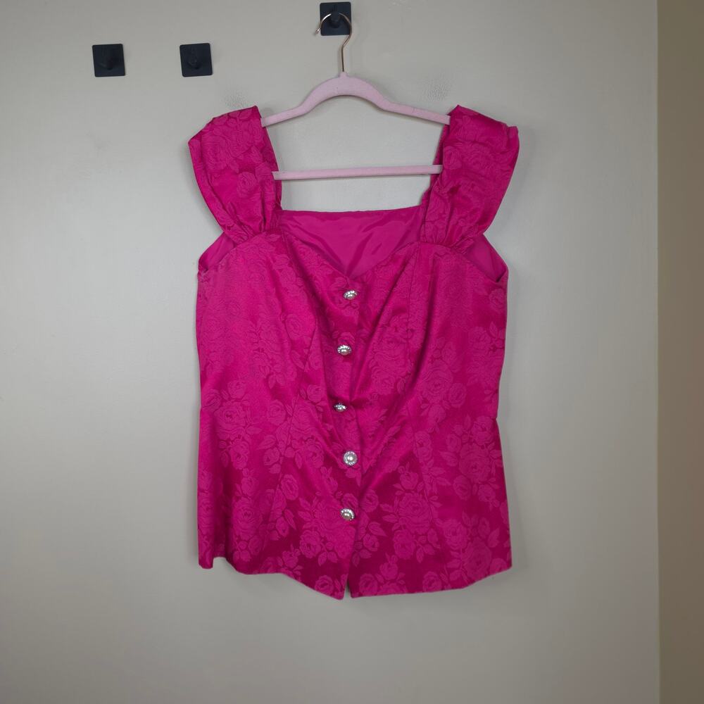 Vintage Sleeveless Button Front Blouse with Midi Pencil Skirt Pink Jacquard 38 - Picture 2 of 12